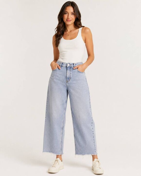 VERVET Denim - VERVET V2532 High Rise Wide Leg Jeans Size 25 Light Wash Raw Hem